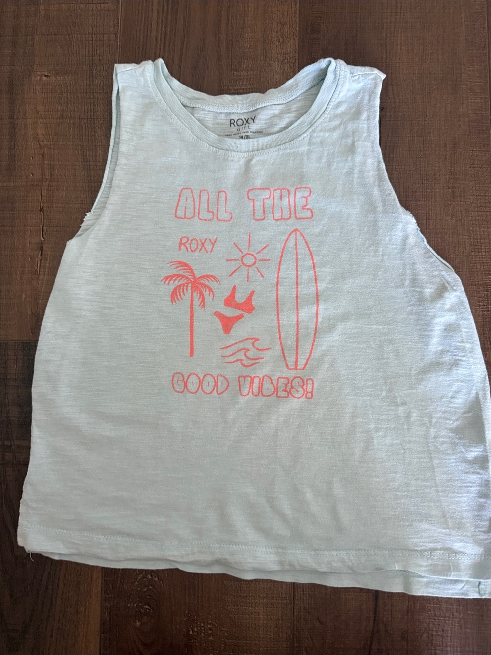 Roxy Girls' Light Blue Tank Top with Neon Coral Surf Graphic